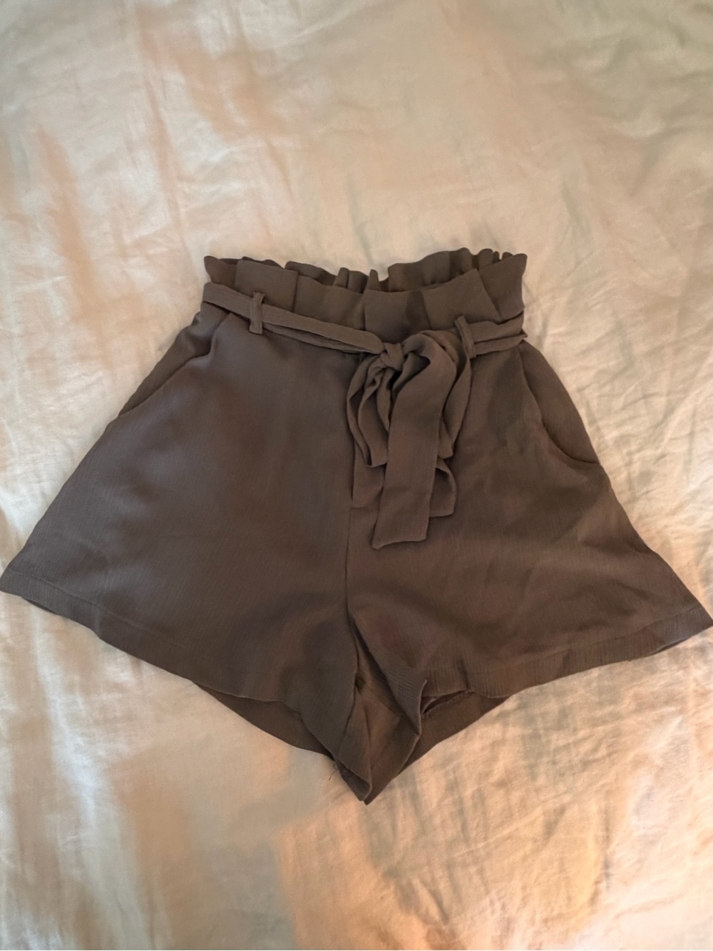 Lush Olive-Taupe High Waist Paperbag Shorts with Tie